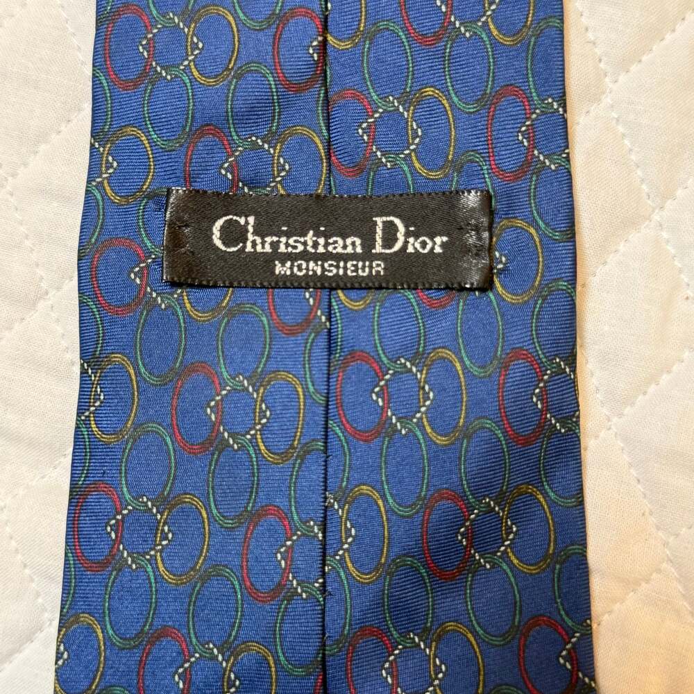 Vintage Christian Dior Monsieur Silk Geometric Motif Navy Blue Neck Tie
